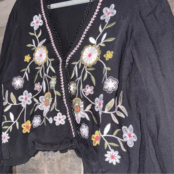 miami Black Floral Embroidered V-Neck Blouse - Picture 3 of 5